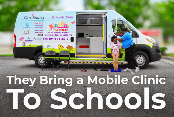 Pediatrician providing care to a child in a pediatric mobile clinic.